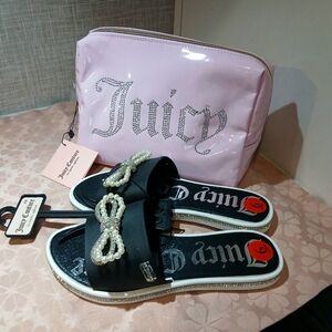 JUICY COUTURE Pink 💎 Cosmetic Bag & SLIDES Black Pearl BUNDLED BRAND-NEW w/tags